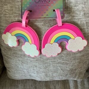 Pink Rainbow Luggage Tags with Glitter Clouds - Set of 2